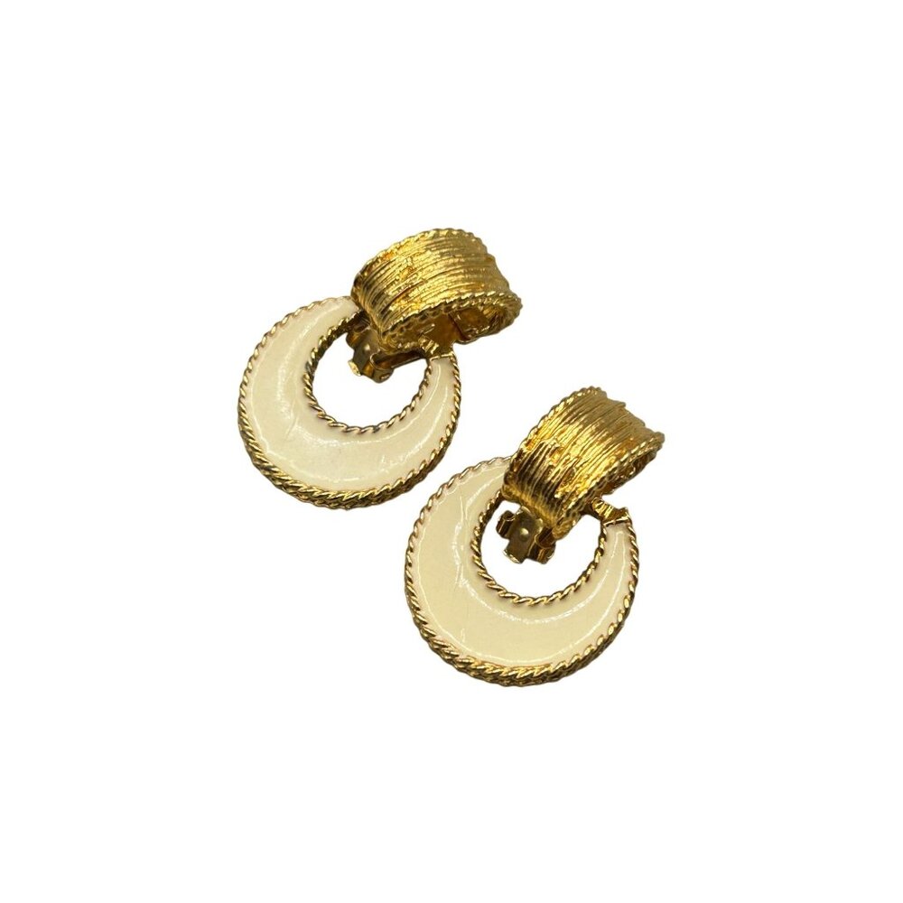 Kenneth Lane Signed Door Knockers Clip On Gold & Cream Enamel Removable Dangles